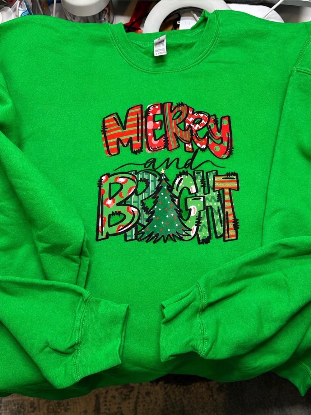 Merry & Bright 3x green sweatshirt Christmas gift holiday sweater